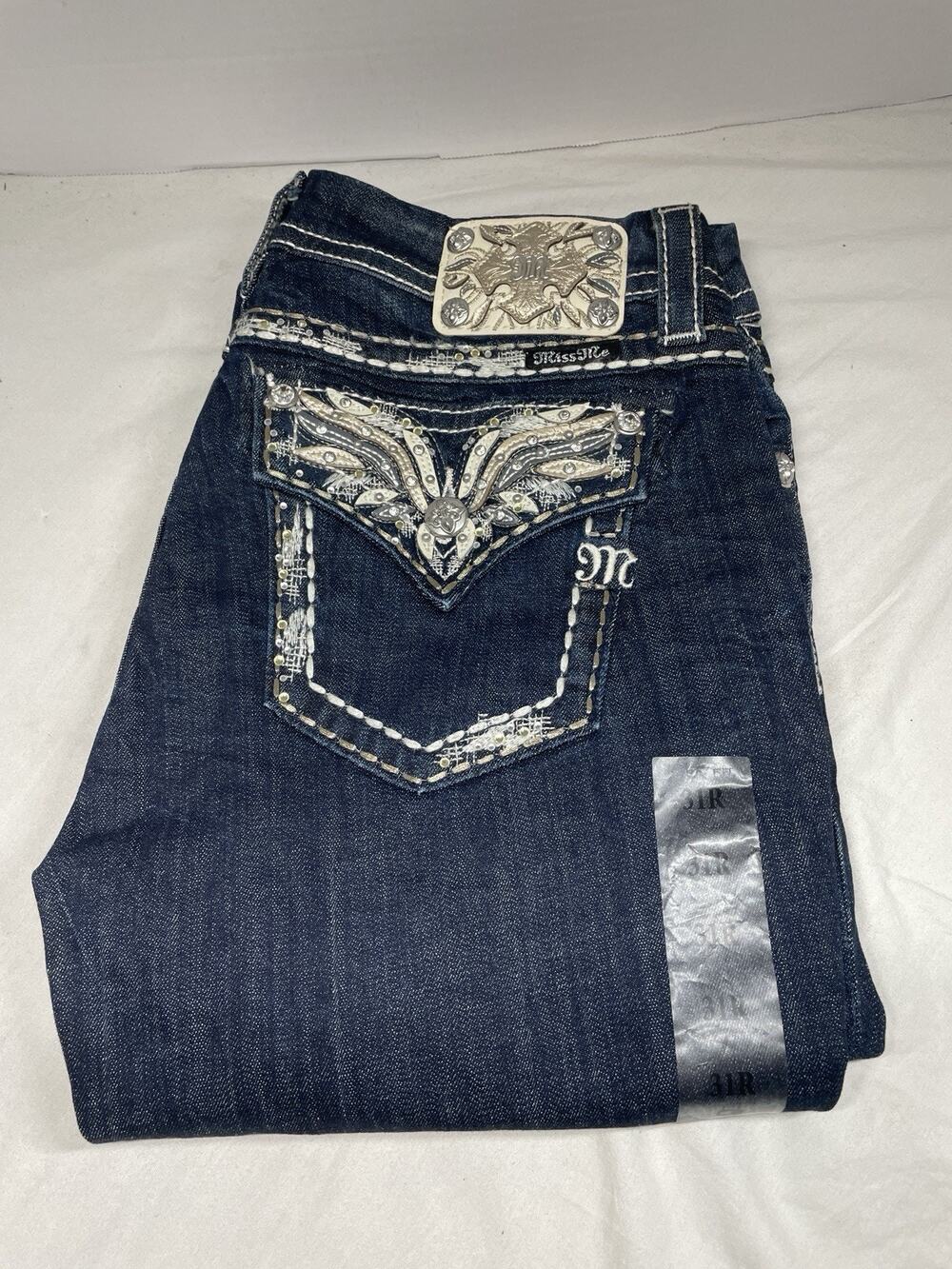 Miss Me Jeans Womens 31 Mid Rise Easy Boot Dark Wash Rhinestone Embellished